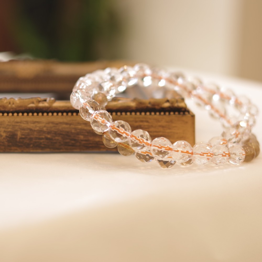 プレゼントにおすすめ ゴールド ルチルクォーツ 64面カット水晶 2連ブレスレット  天然石  2WA