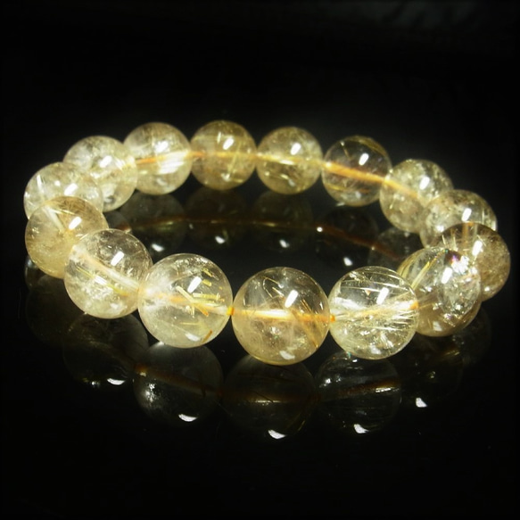 おすすめ 現品一点物 レインボー ゴールド ルチル クォーツ ブレスレット 金針水晶 天然石 数珠 １５－１６ミリ 4枚目の画像