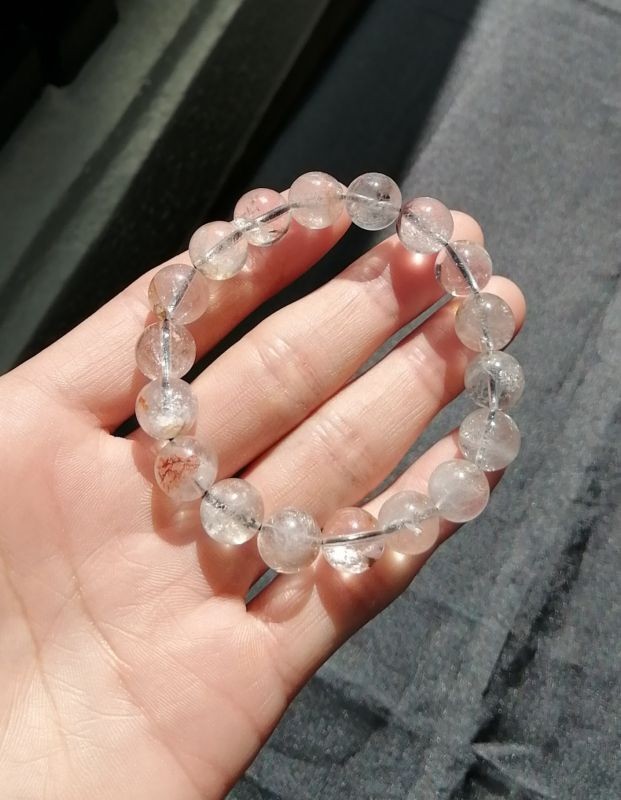【動画あり】おすすめ お試し価格 現品一点物 プラチナルチル ブレスレット オーロラ レインボー入り水晶 数珠 １１ミリ