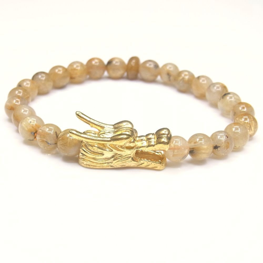 【ドラゴンヘッド＆勾玉】ゴールド タイチンルチル 勾玉ルチル ブレスレット ８ミリ ２０ｇ ryujin2