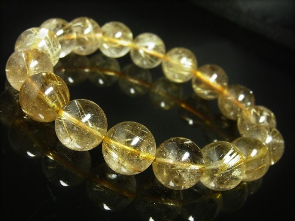 お試し価格 一点物 ゴールド タイチンルチル ブレスレット 金針水晶 天然石 数珠 １４ミリ Ｒ５４ シラー 虹 1枚目の画像