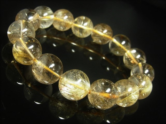 イチオシ 現品一点物 ゴールド ルチル ブレスレット 金針水晶 天然石 数珠 １５ミリ Ｒ５６ スモーキー シラー 虹 3枚目の画像