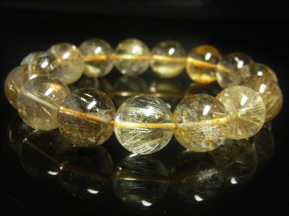 イチオシ 現品一点物 ゴールド ルチル ブレスレット 金針水晶 天然石 数珠 １５ミリ Ｒ５６ スモーキー シラー 虹 9枚目の画像
