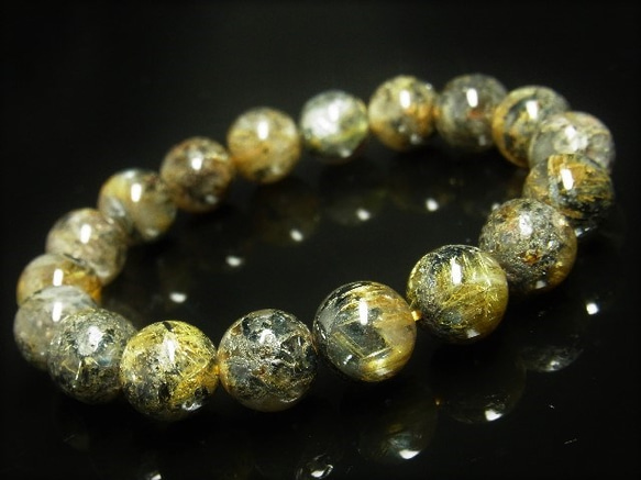 イチオシ 現品一点物 太陽放射ルチル ブレスレット 金針水晶数珠 １１－１２ミリ ４３ｇ ＴＨＲ２２ ヘマタイト 6枚目の画像