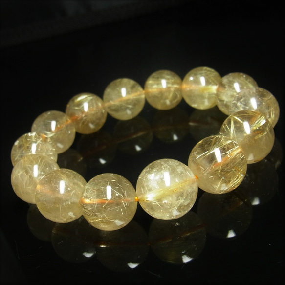 お試し価格 一点物 ゴールド タイチンルチル ブレスレット 金針水晶 天然石 数珠 １６－１７ミリ ＲＫ３７ シラー 虹 1枚目の画像