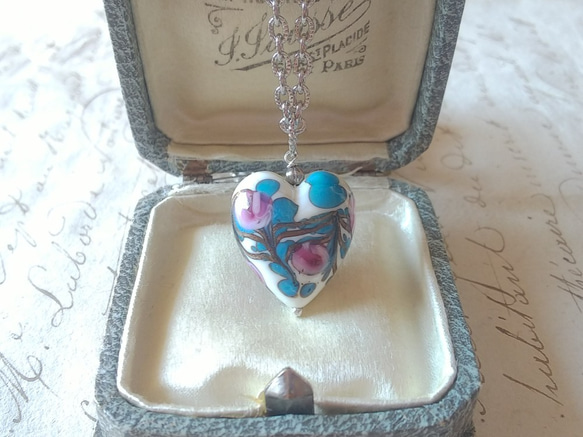 ヴィンテージ　Murano-Heart･Glass (Blue&Pink）Silverカラーネックレス　 1枚目の画像