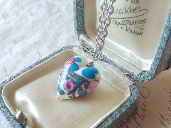 ヴィンテージ　Murano-Heart･Glass (Blue&Pink）Silverカラーネックレス　 3枚目の画像