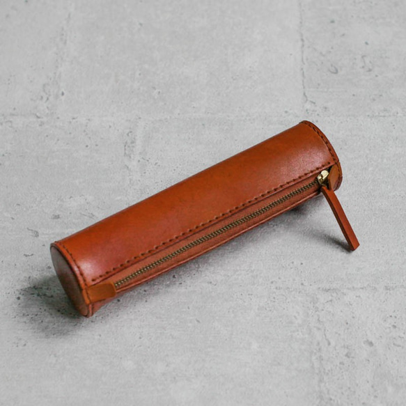 Brown handmade cylinder leather Pencil Case/Pen Pouch 1枚目の画像