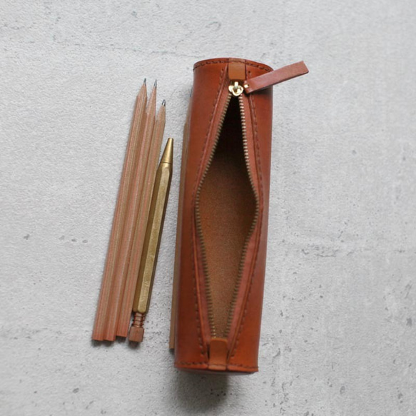 Brown handmade cylinder leather Pencil Case/Pen Pouch 5枚目の画像