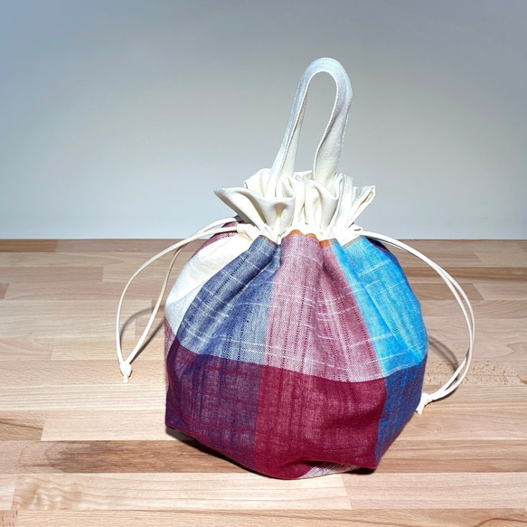 タオルバッグ（大チェック柄-赤、青、紫）ビームトートバッグ※受注生産 8枚目の画像