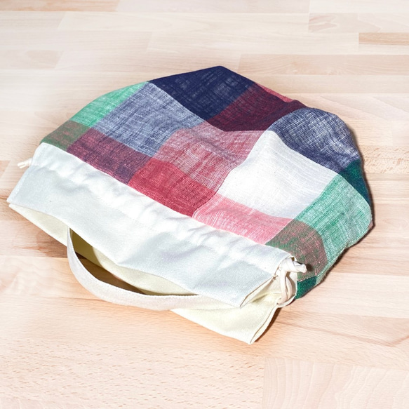 タオルバッグ（大チェック柄-赤、青、緑）ビームトートバッグ※受注生産 9枚目の画像