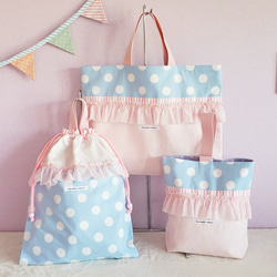 帆布課包，帶淡藍色和粉紅色褶邊 尺寸可變 第4張的照片