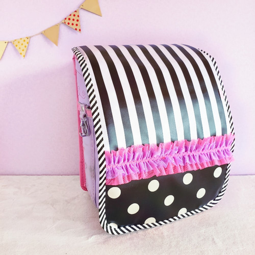 ダブルフリルなモノクロドットとストライプのランドセルカバー サイズ  