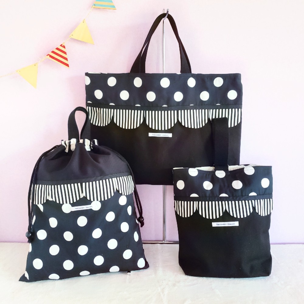 【3点セット】帆布とスカラップの●レッスンバッグ●シューズケース●体操服入れ　black【サイズ変更可】