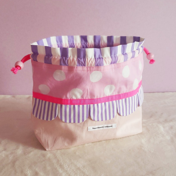 ピンクとスカラップのお弁当袋　purple【受注製作】　サイズ変更可能 3枚目の画像