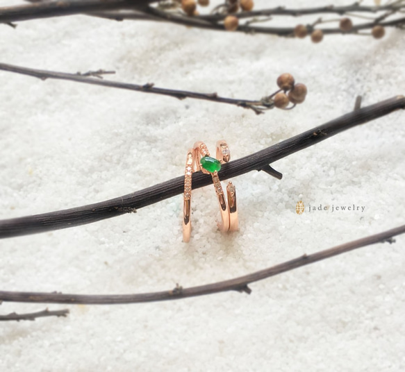 Sansheng /ローズゴールド - 天然エメラルド（ビルマ産の翡翠）薄いリングのリングの組み合わせ 2枚目の画像