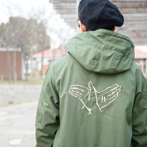 刺繍入り モッズコート 受注生産）影絵遊びの刺繍 春秋冬に使える薄手のモッズコート （裏表