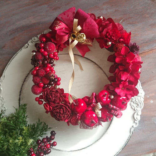 クリスマスリース(21 cm)＊ベリーレッドのピルエット＊フラワーリース  