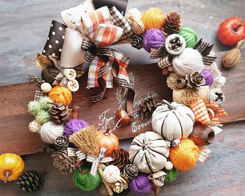 ハロウィンスリース(23cm)＊秋色ポンポンとファブリックパンプキン