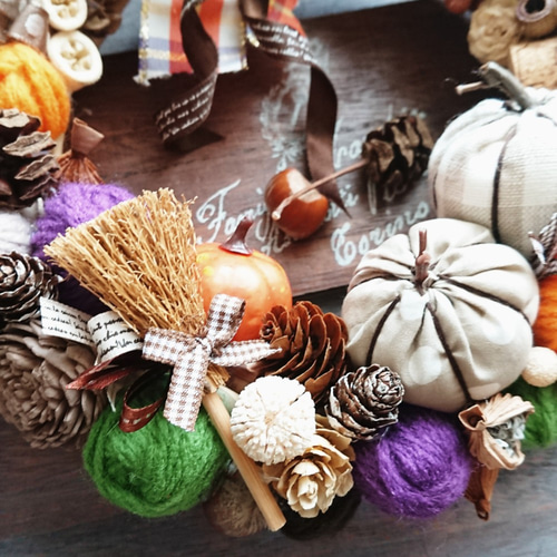 ハロウィンスリース(23cm)＊秋色ポンポンとファブリックパンプキン
