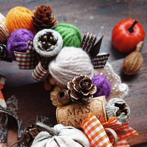 ハロウィンスリース(23cm)＊秋色ポンポンとファブリックパンプキン