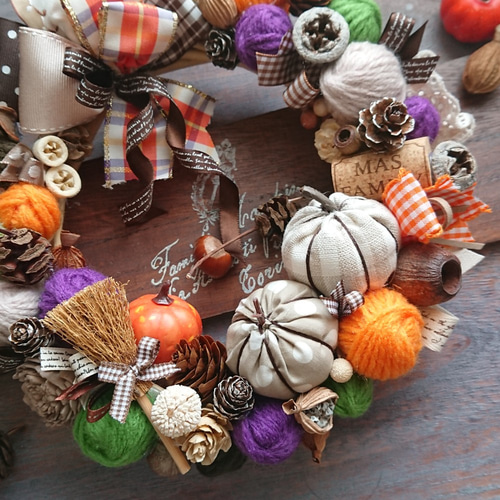 ハロウィンスリース(23cm)＊秋色ポンポンとファブリックパンプキン