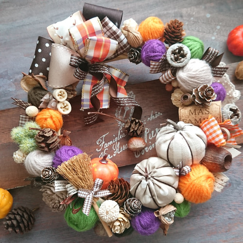 専用＊Halloween＊パンプキン＆オリーブ　シックナチュラル フェイクリース 専用＊Halloween＊パンプキン＆オリーブ シックナチュラル フェイク