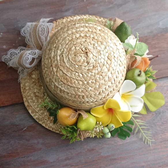 ゴールドストローハット フラワー装飾付き レース ヘア バンド