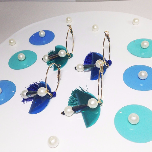 魔鏡時光-萬花筒迷宮/寶石藍（耳針式耳環）垂墜款/流蘇/幾何 第4張的照片