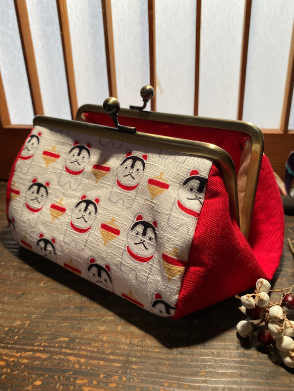 受注製作】再販➁ 犬張り子×赤 がま口 メイクポーチ ペンケース がま口  