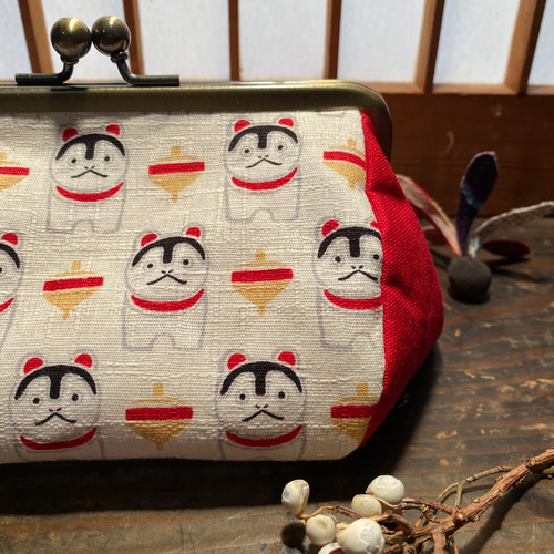 受注製作】再販➁ 犬張り子×赤 がま口 メイクポーチ ペンケース がま口  