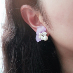 手工串珠 閃石 鑽 貝殻珠 珍珠 花花(粉紫色) 耳針 第2張的照片