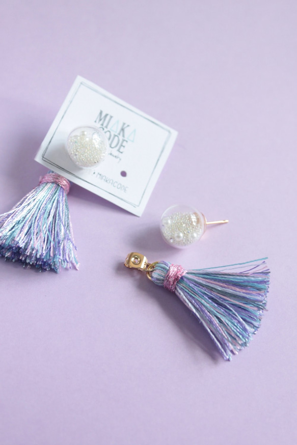 Glass bubble earrings with colour tassels(Mixed purple) 4枚目の画像