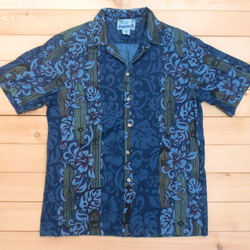 藍染め　ハワイアンシャツ　アロハシャツ　M　サーフボード柄　 1枚目の画像
