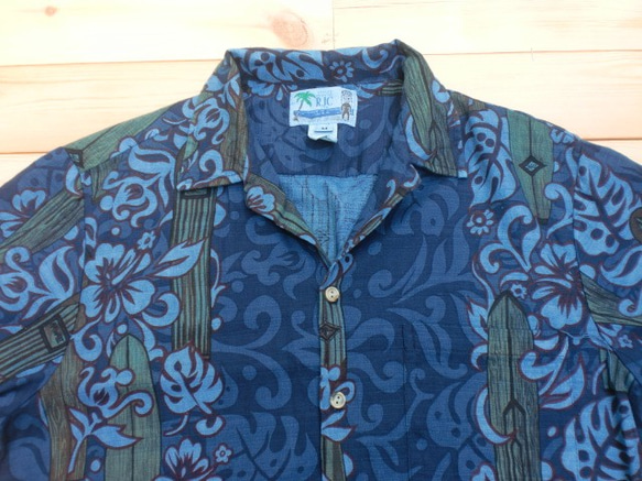 藍染め　ハワイアンシャツ　アロハシャツ　M　サーフボード柄　 2枚目の画像