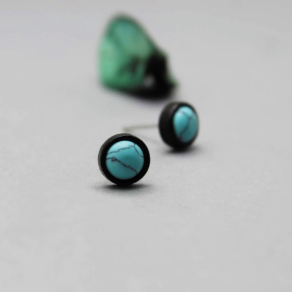 Wooden Round Turquoise Earring / Simple Elegant / 925S 2枚目の画像