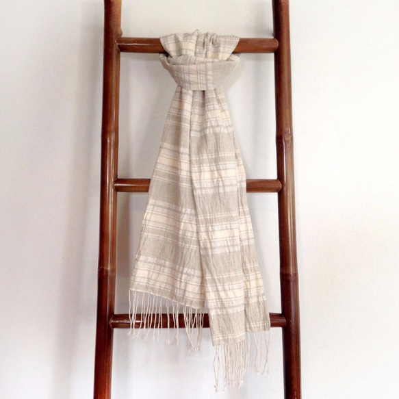 Handwoven Pure Natural Fiber Unisex Scarf -Beige 2枚目の画像