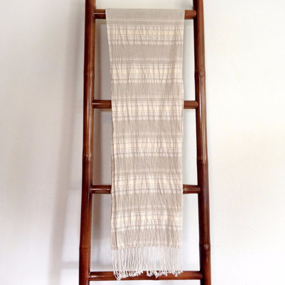 Handwoven Pure Natural Fiber Unisex Scarf -Beige 3枚目の画像