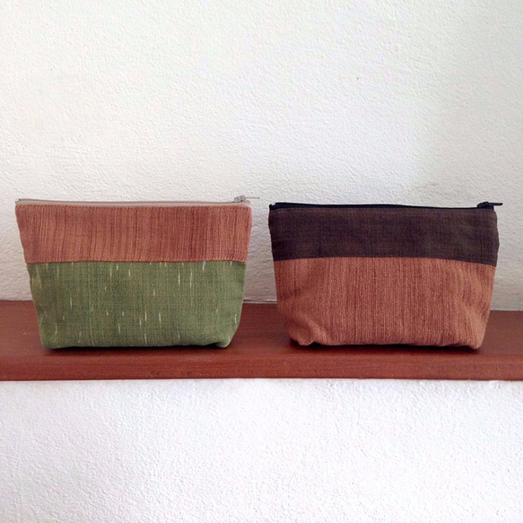 Handwoven Natural Dye Unisex Pouch Set of 2- Green+Brown 2枚目の画像