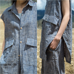 Urban Casual Blue Striped Long Vest 6枚目の画像
