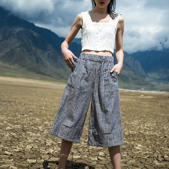 Urban Casual Blue Striped Cropped Trousers 1枚目の画像