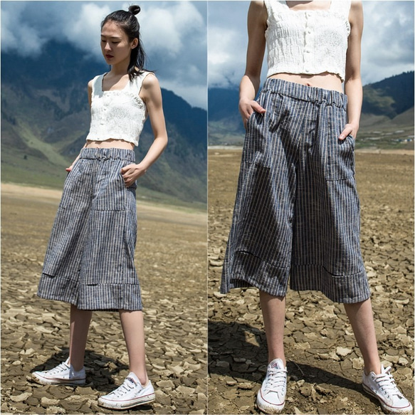 Urban Casual Blue Striped Cropped Trousers 5枚目の画像