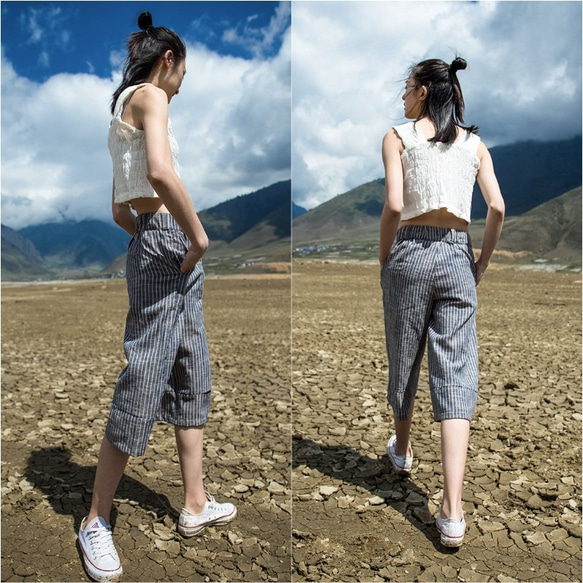 Urban Casual Blue Striped Cropped Trousers 6枚目の画像