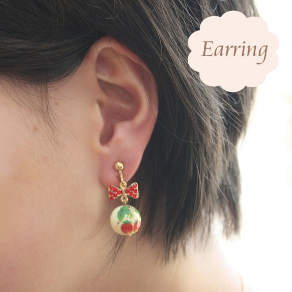 【免運費】櫻花圖案珠子和紅色三角絲帶耳環/耳環【日本製造】 第3張的照片