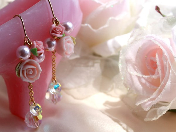 婚禮風薔薇捧花長耳針/夾式耳環 【日本製】 第3張的照片