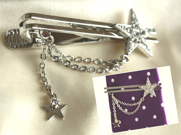 閃閃星星造型領帶夾（銀） 【日本製】 第2張的照片