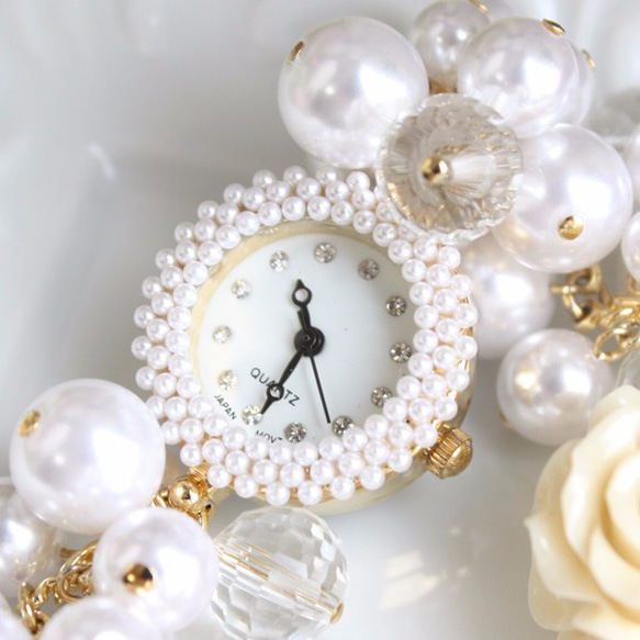[特價20％OFF]經典玫瑰白色珍珠臉手錶[日本製造] 第3張的照片