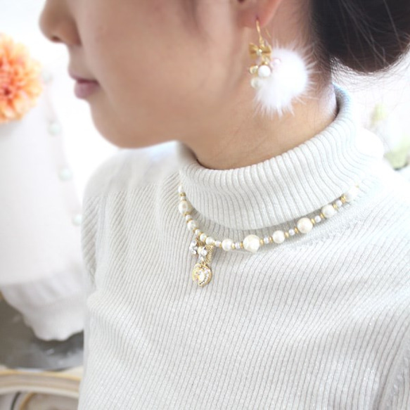 [免運費] N-1323 大小珍珠及寶石絲帶項鍊 [日本製造] 第5張的照片