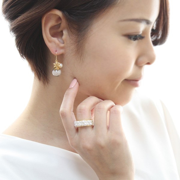 【包郵】顆粒珍珠玻璃圓頂雪花耳環/耳環【日本製】P-2555 第3張的照片