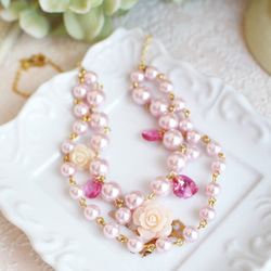 [免運費] [再次上架續訂！ ] 粉色花朵雙珍珠項鍊【日本製造】 第3張的照片